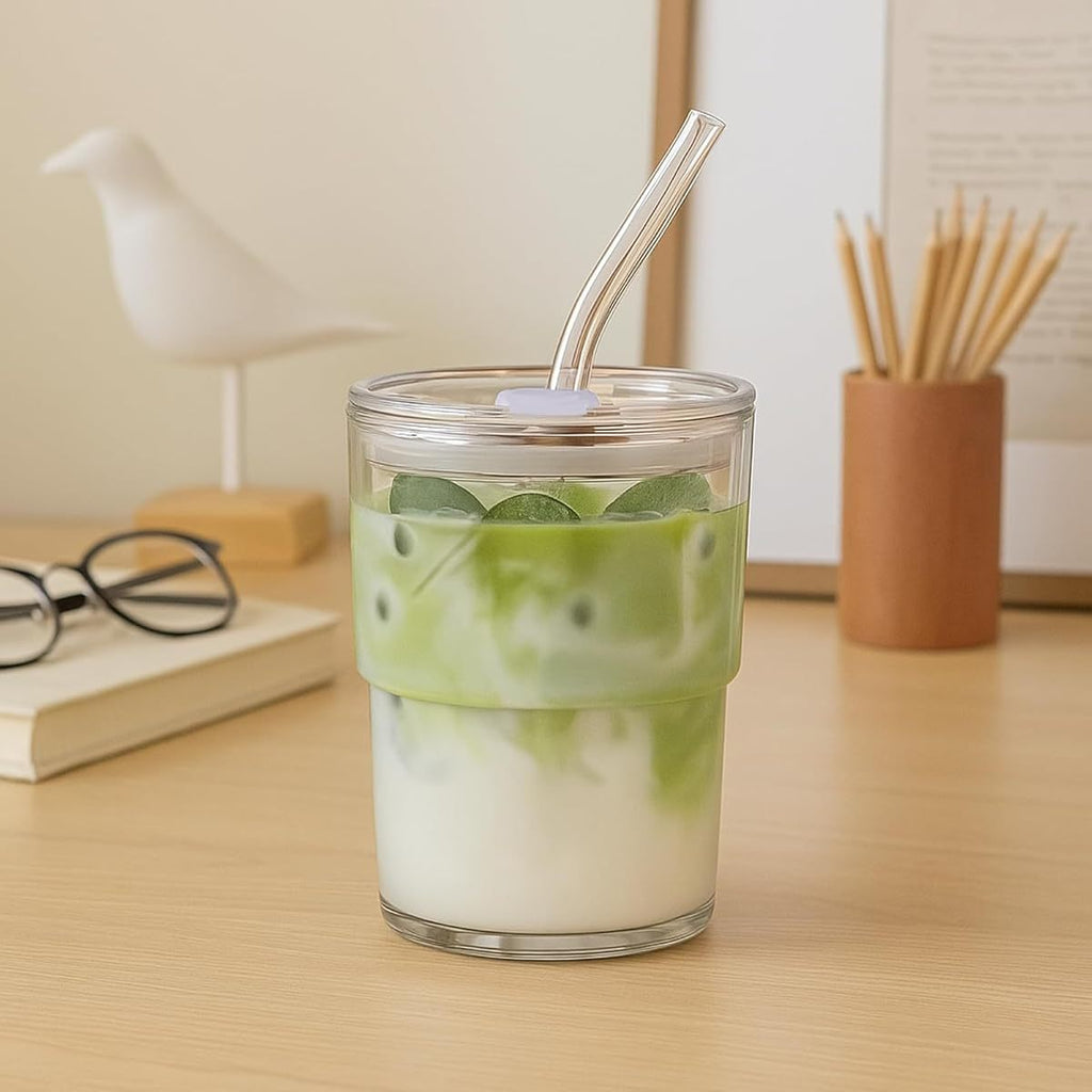 4pcs 13oz Glass Tumbler with Straw & Lid - Reusable Iced Coffee Cups, Matcha Smoothies, Water Glasses - Clear, Hand Wash Only, Perfect for Cold Drinks, Beverage Glassware | Modern Glassware | Durable Glass