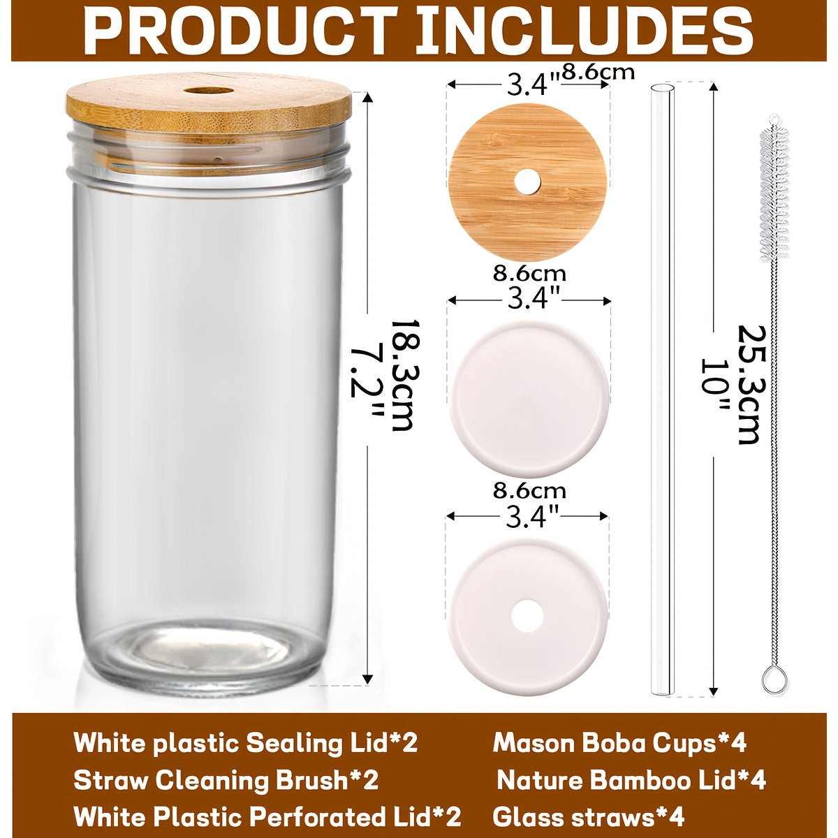 Glass Cups With Lids And Straws, 24 Oz Travel Coffee Mug Wide Mouth Mason Jar Iced Coffee Cup Smoothie Cup Glass Tumbler Tea Cup Clear Cups Cute Water Cups Drinking Glasses 2/4Packs
