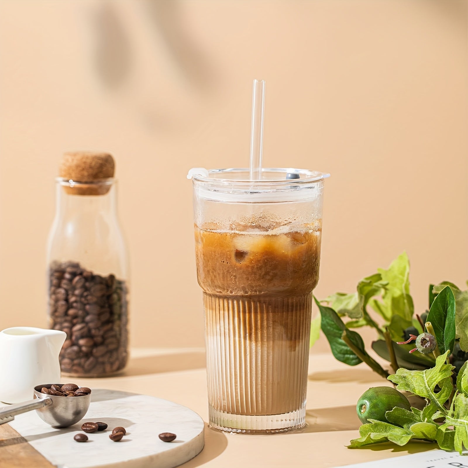 Glasses With Lid And Straw, Set Of 4 - Stylish Ribbed Design Drinking Cups For Iced Coffee Cups, Juices, Smoothies, Cold Drinks, Cleaning Brushes Included, Durable Glassware