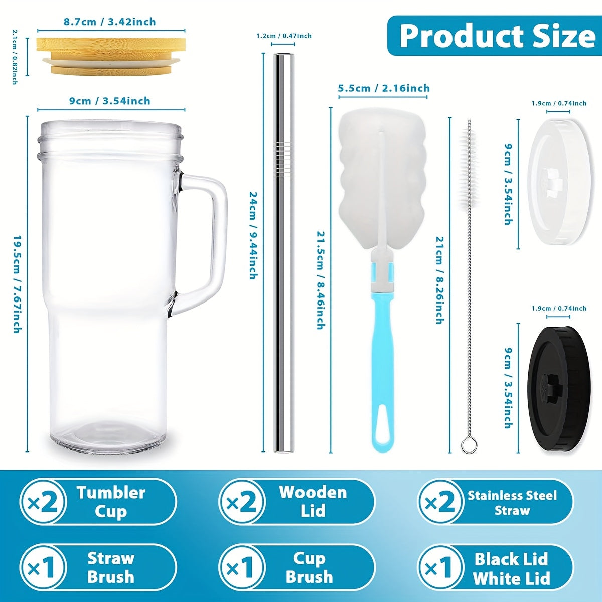 4pcs Handle Glass Cup, Reusable With Lid And Straw Wide Mouth Glass Cup, Boba Cup Smoothie Cup Iced Coffee Cup Car Cup, Free Straw Brush And Cup Brush