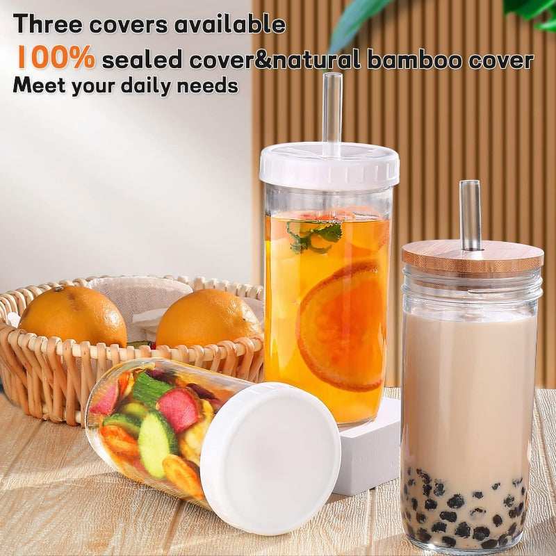 4pcs 24oz Reusable Glass Cups with Lids & Straws - Wide Mouth Mason Jar Design, Leak-Proof Lids, Perfect for Smoothies, Boba Tea, Coffee, and Cold Drinks - Durable & Stylish Beverage Containers, Beverage Serving Cups | Modern Glass Cups | Durable Glass
