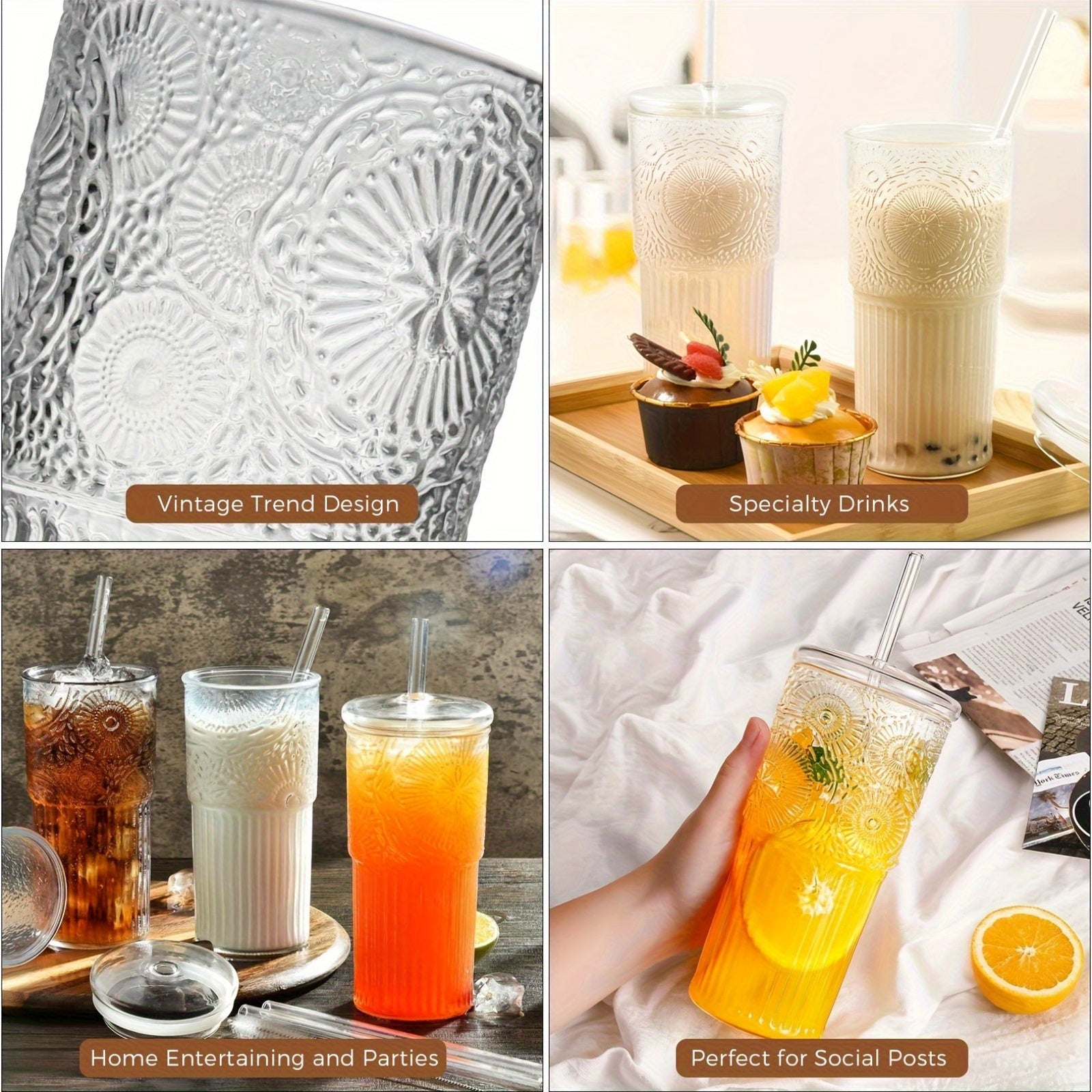 2 Pack 20oz Borosilicate Glass Cups With Lids And Glass Straws Clear Vintage Drinking Glasses For Coffee Juice Milk And Water Durable Heat Resistant Glassware For Daily Kitchen Use