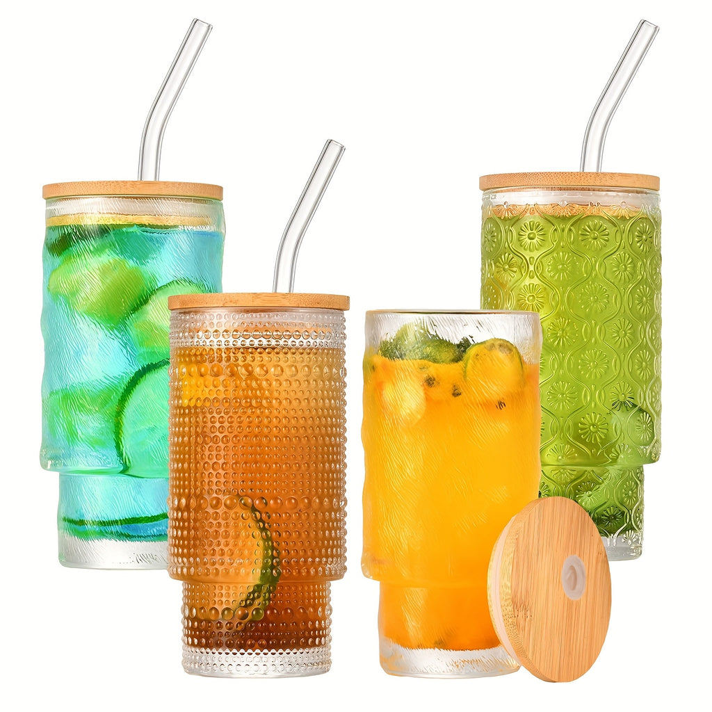 4-Pack 11oz BPA-Free Vertical Stackable Glass Cups with Leak-Proof Lids & Straws - Insulated Reusable Camping Cups for Cold Brew, Beer, Juice, Outdoor Activities, Picnics, Beach, Holiday Gifts (Polka Dot Design), Picnic Essentials, Elegant Party Glasses,