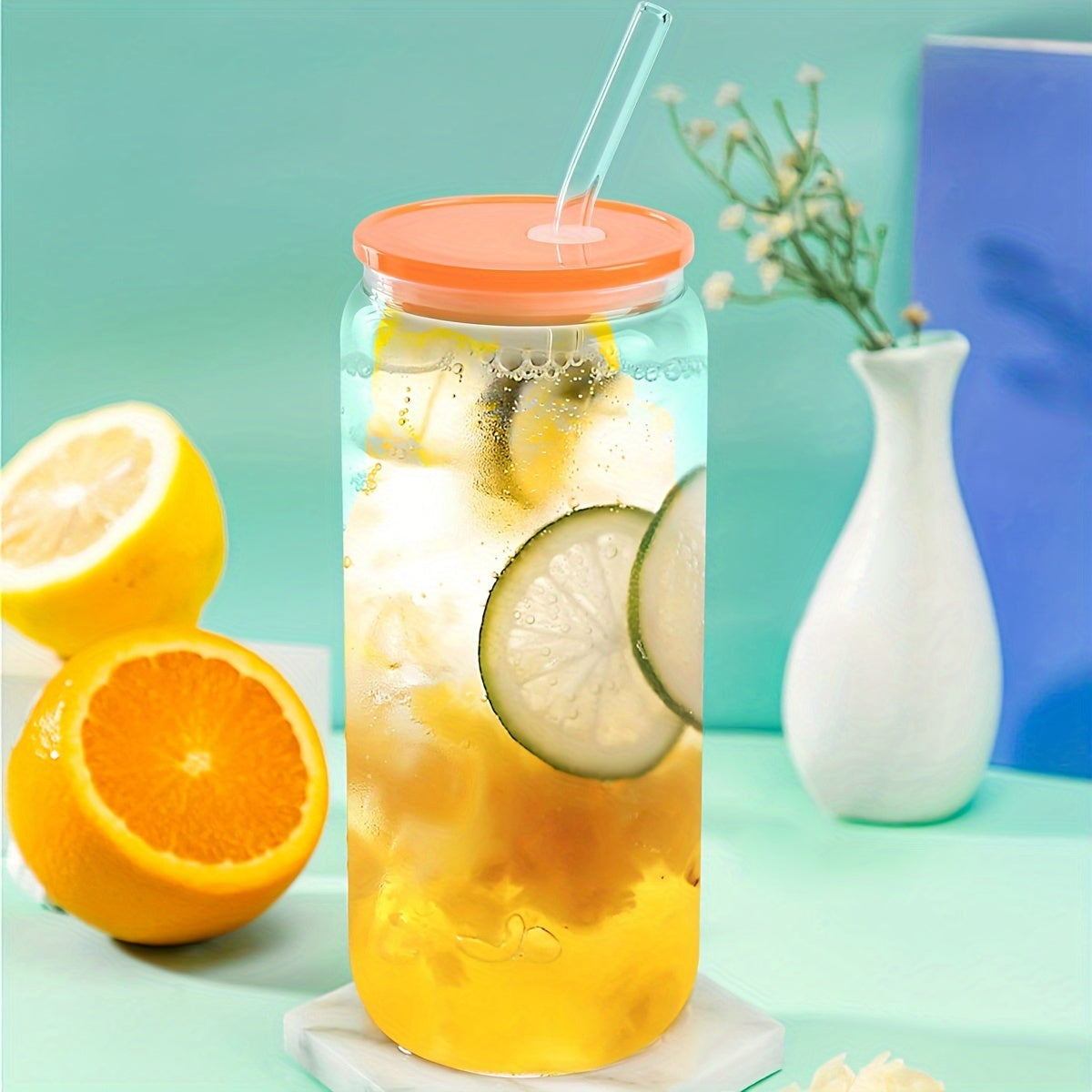 20 Oz Glass Cups With Acrylic Lids And Straws 16 Pcs Can Shaped Glass Iced Coffee Cups With Lids, Drinking Jar Glasses Cute Tumbler Cup Great For Smoothie Soda Boba Tea Cocktail Beer Gift