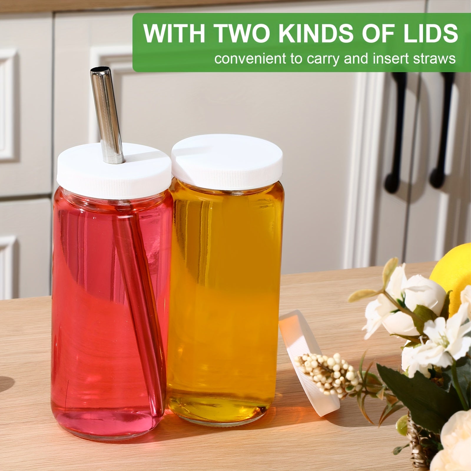 12-Pack 16oz Glass Juice Bottles with Airtight Leakproof Lids, Straws & Cleaning Brushes - Heavy-Duty Leakproof Jar Cups, Space-Saving Stackable Design, for Juicing, Smoothies, Water, Milk, Kitchen, Home, Commercial Use - Reusable Drinking Containers,