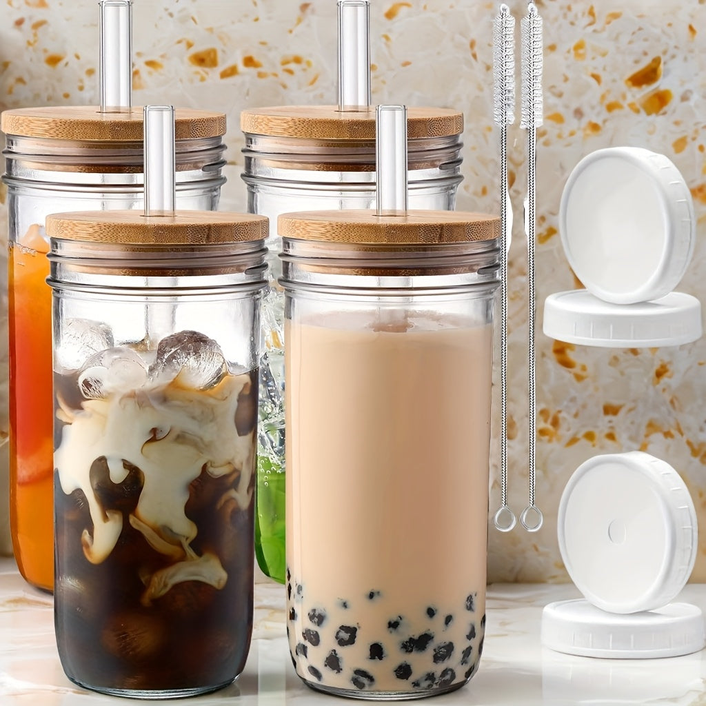 Mother's Day Gift for Mom, Glasses, (4 Cups + 4 Lids + 4 Straws) with Lids And Straws, 24oz Smoothie Glasses, Wide Mouth Reusable Mugs, Ice Mug Glasses