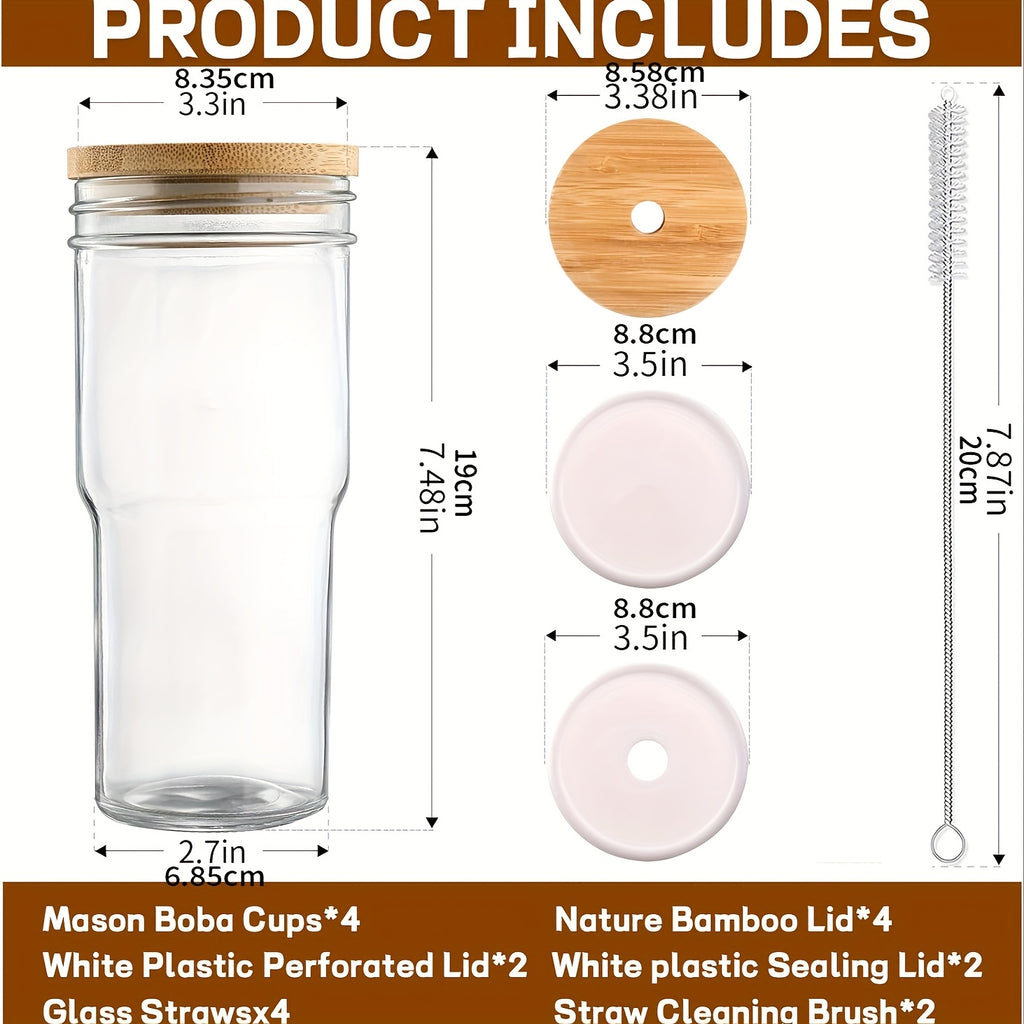 Glass Cups With Lids And Straws, 24 Oz Travel Coffee Mug Wide Mouth Mason Jar Iced Coffee Cup Smoothie Cup Glass Tumbler Tea Cup Clear Cups Cute Water Cups Drinking Glasses 2/4Packs