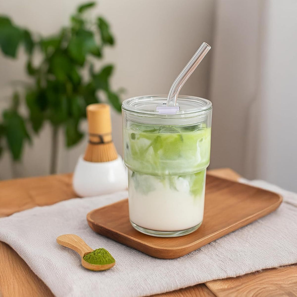 4pcs 13oz Glass Tumbler with Straw & Lid - Reusable Iced Coffee Cups, Matcha Smoothies, Water Glasses - Clear, Hand Wash Only, Perfect for Cold Drinks, Beverage Glassware | Modern Glassware | Durable Glass
