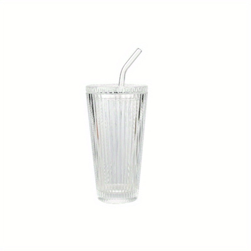 2pcs Ribbed 21oz Glass Tumblers with Lids & Straws - Clear, Reusable, Hand Wash Only, Perfect for Iced Beverages, Beverage Serving | Ribbed Glassware | Durable Glass