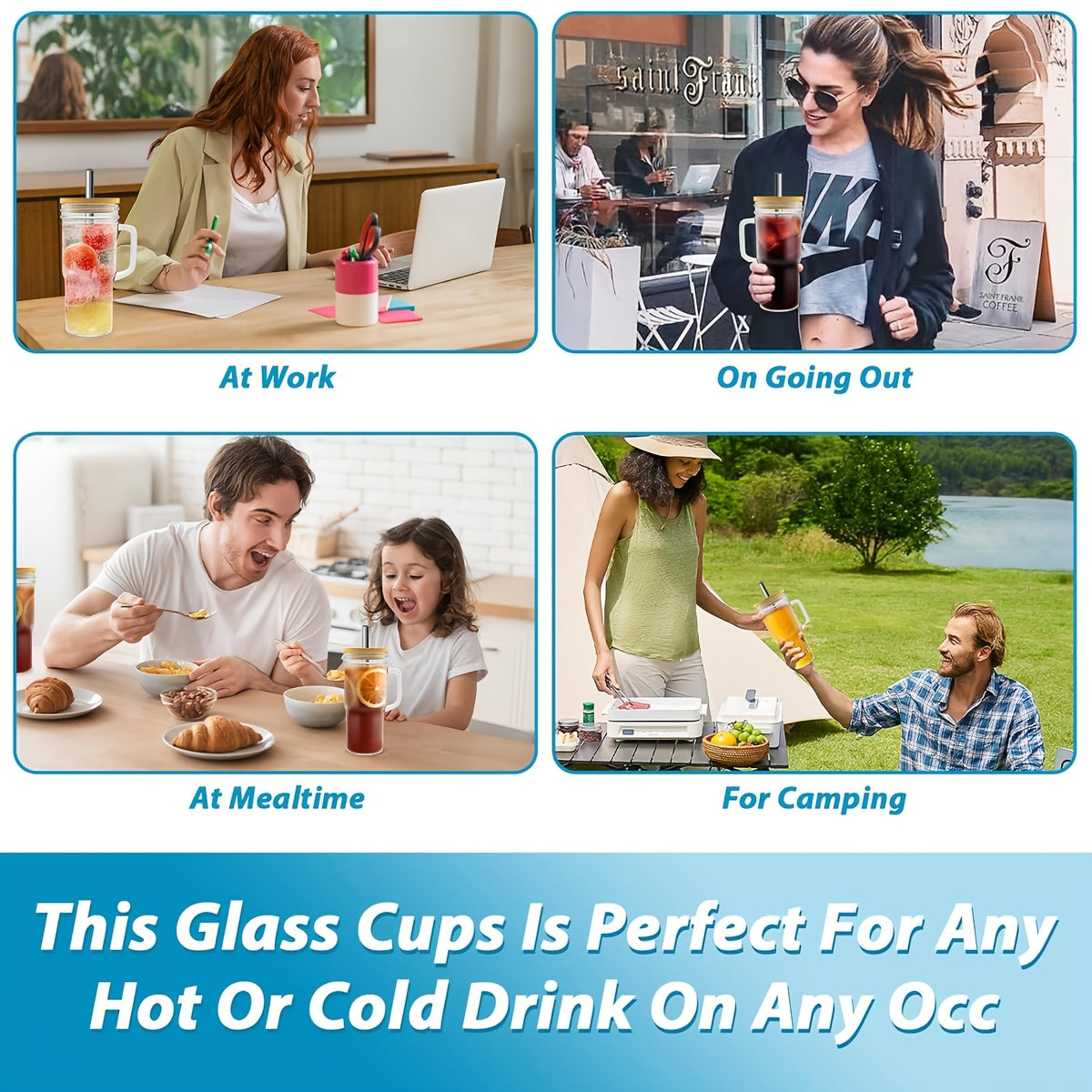 2/4pcs Handle Car Cup, 24oz High Borosilicate Glass Cup Without BPA, with Bamboo Lid And Straw, Suitable for Use with Iced Tea, Juice, Milk, Coffee, Sunny Lemonade, Preparing for Party Gatherings, Free Sealing Lid And Brush