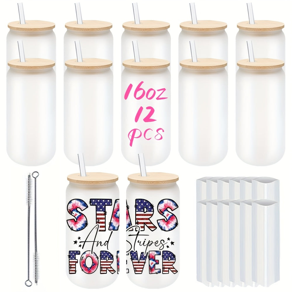 50/25/12/8 Pack 16Oz Clear Or Frosted Sublimation Glass Cans With Bamboo Lid, Transparent Glass Tumblers With Plastic Straw, Sublimation Glass Cups With Bamboo Lids, With Individually Boxed, Ideal For Diy Gifts&Halloween, Christmas, For Juicing Coffee