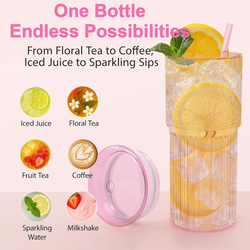 20oz - Set Of 2 Glass Cups with Lids And Straws, Pink/clear Glass Water Cups, for Iced Juice, Tea, Milk, Smoothies, And Cold Or Hot Drinks. Glass Iced Tea Cups.
