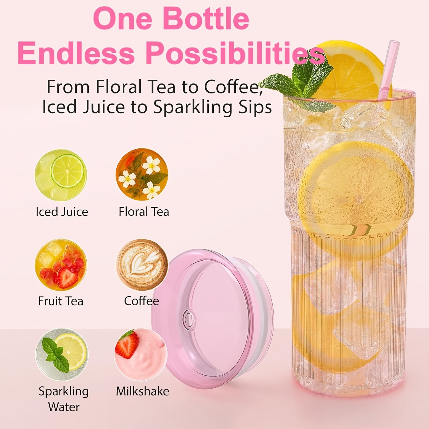20oz - Set Of 2 Glass Cups with Lids And Straws, Pink/clear Glass Water Cups, for Iced Juice, Tea, Milk, Smoothies, And Cold Or Hot Drinks. Glass Iced Tea Cups.