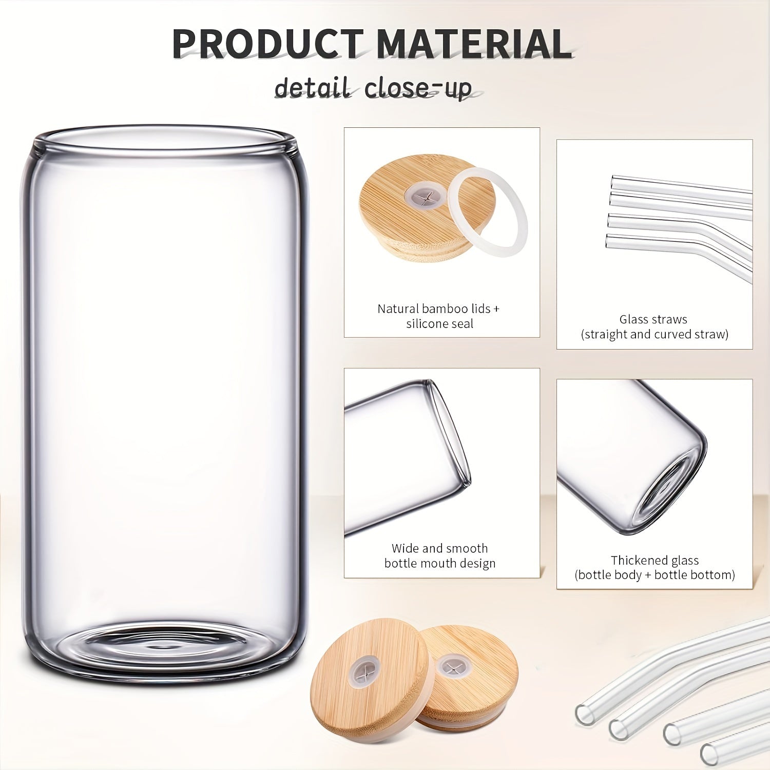 20oz Glass Tumbler with Bamboo Lid & Straw - Perfect for Iced Coffee, Whiskey, Cocktails & Wine - Includes Cleaning Brush