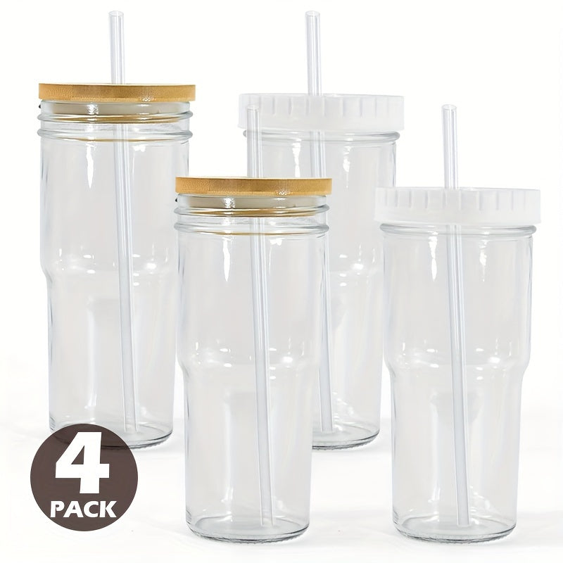 Pack of 4, Glass Cups with Bamboo Lids and Glass Straws 24oz, Glass Tumbler with Two Lid and Straw-Wide Mouth, Boba Cup Smoothie Tumbler Iced Coffee Cup Travel Mug
