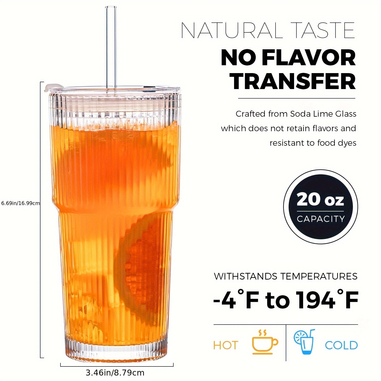 Set Of 4 Striped Glass Cups with Lids And Straws, 20oz/600ml Reusable Embossed Drinking Glasses for Coffee, Tea, Whiskey, Latte & Iced Drinks, Durable Dishwasher-Safe Glassware