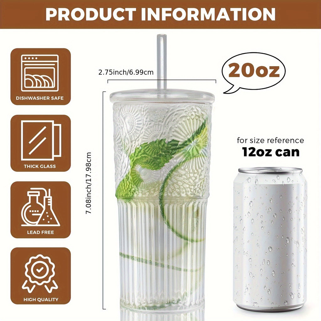 2 Pack 20oz Borosilicate Glass Cups With Lids And Glass Straws Clear Vintage Drinking Glasses For Coffee Juice Milk And Water Durable Heat Resistant Glassware For Daily Kitchen Use