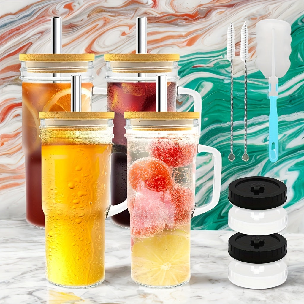 2/4pcs Handle Car Cup, 24oz High Borosilicate Glass Cup Without BPA, with Bamboo Lid And Straw, Suitable for Use with Iced Tea, Juice, Milk, Coffee, Sunny Lemonade, Preparing for Party Gatherings, Free Sealing Lid And Brush