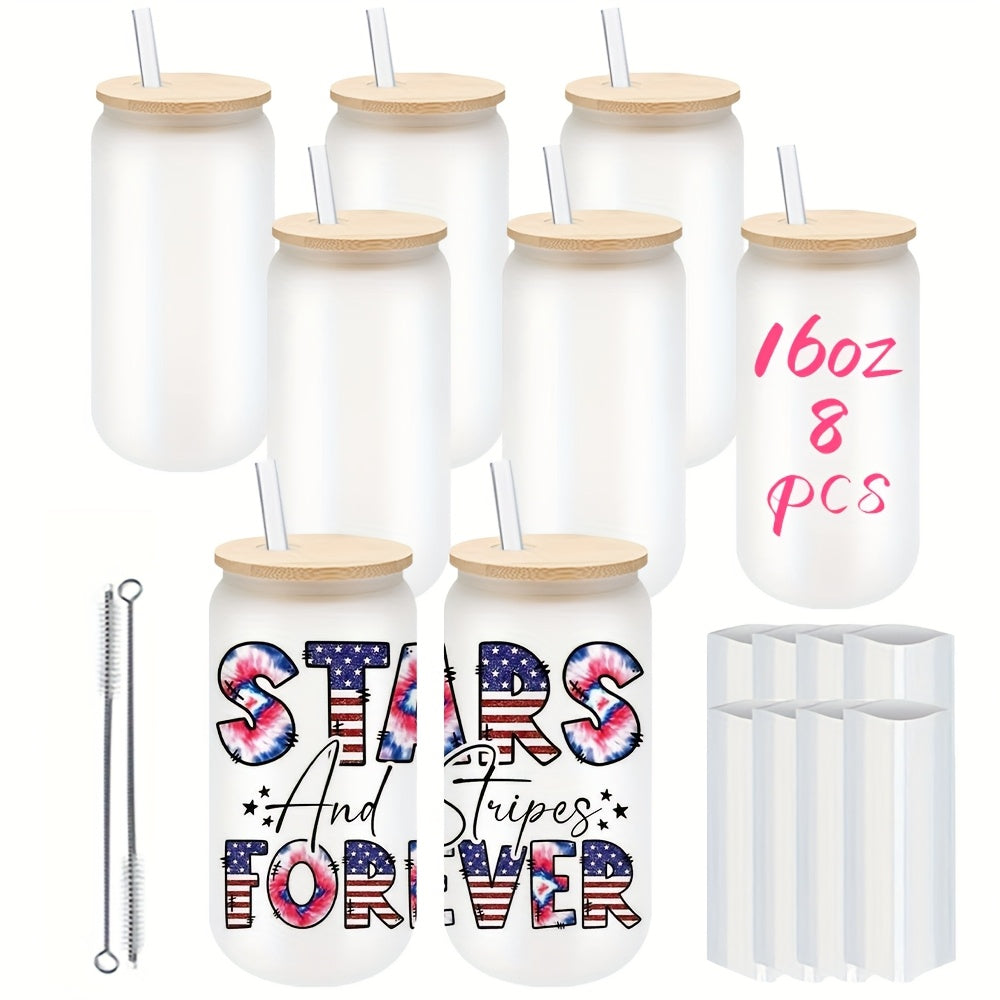 50/25/12/8 Pack 16Oz Clear Or Frosted Sublimation Glass Cans With Bamboo Lid, Transparent Glass Tumblers With Plastic Straw, Sublimation Glass Cups With Bamboo Lids, With Individually Boxed, Ideal For Diy Gifts&Halloween, Christmas, For Juicing Coffee