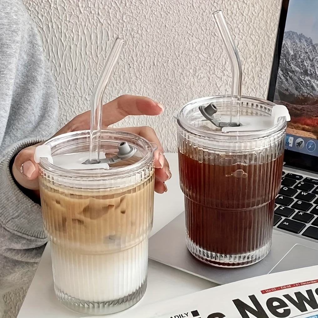6pcs Ribbed Glassware, Glass Cups with Lids And Straws, Dishwasher Safety, Coffee Cups with Lids And Straw Sets, Reusable Iced Coffee Cups for Iced Tea, Juice, Water, Milk Tea, Milkshakes