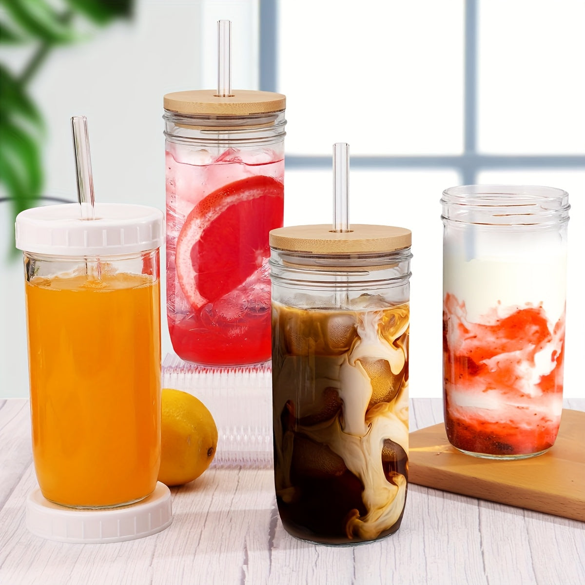 Glass Cups With Lids And Straws, 24 Oz Travel Coffee Mug Wide Mouth Mason Jar Iced Coffee Cup Smoothie Cup Glass Tumbler Tea Cup Clear Cups Cute Water Cups Drinking Glasses 2/4Packs