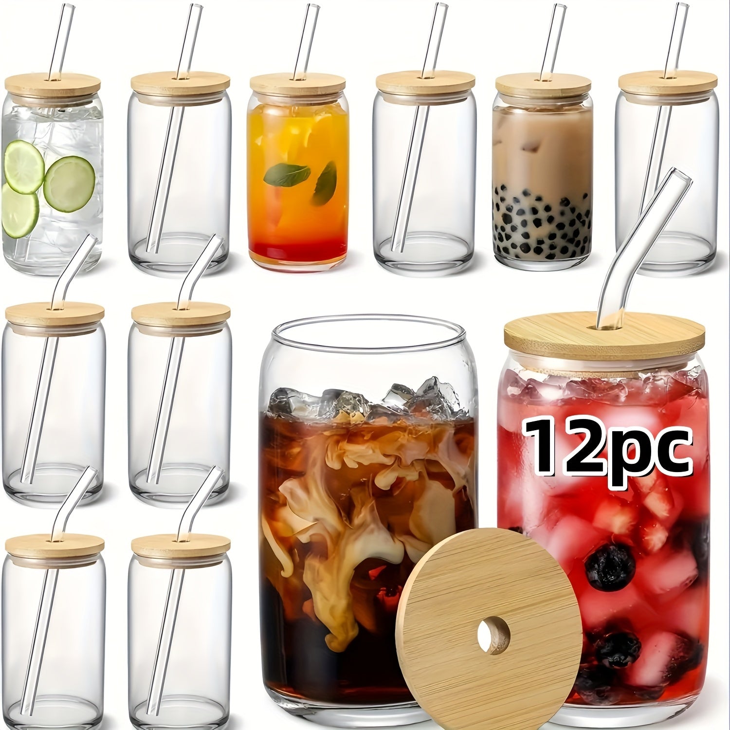 12pcs, Glass Straw Cup With Bamboo Lid, Mason Jar Water Cup, Iced Coffee Cup, Glass Cup With Bamboo Lid, Cute Cup, Reusable, Suitable For Furniture Kitchen, Hotel, Home Party Supplies, 18.7 Ounces/550 Milliliters