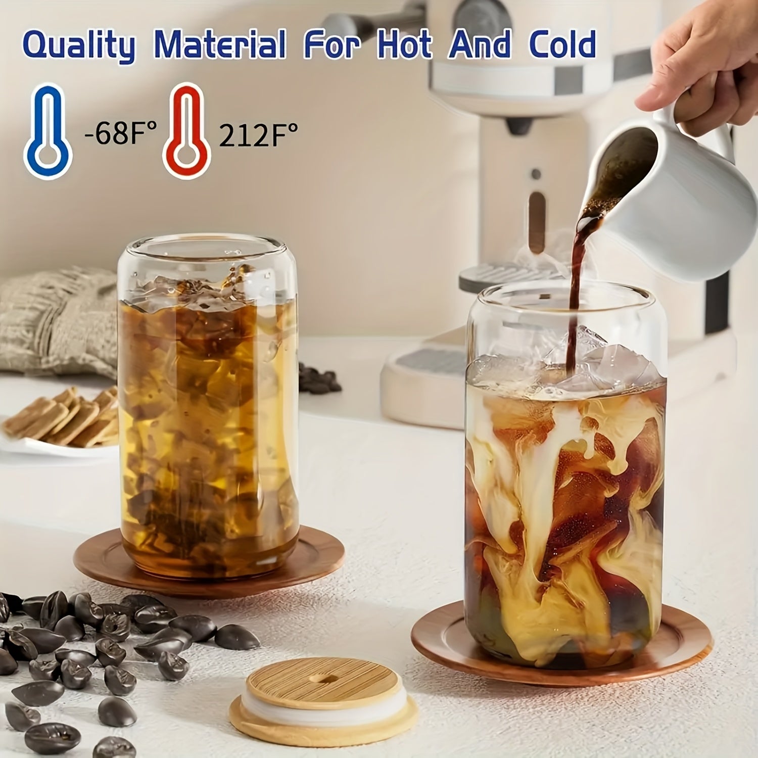 12pcs, Glass Straw Cup With Bamboo Lid, Mason Jar Water Cup, Iced Coffee Cup, Glass Cup With Bamboo Lid, Cute Cup, Reusable, Suitable For Furniture Kitchen, Hotel, Home Party Supplies, 18.7 Ounces/550 Milliliters