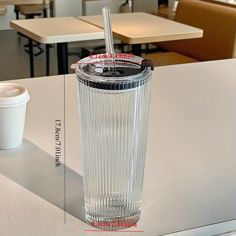 Large Capacity Clear Coffee Latte Cup with Lid & Built-in Straw - Elegant Modern Tumbler for Iced Americanos, Home, Office, or Gifts - Durable Glass Construction, Spill-Proof Design for Hot/Cold Beverages, Office Drinkware, Contemporary Drinkware, Premium
