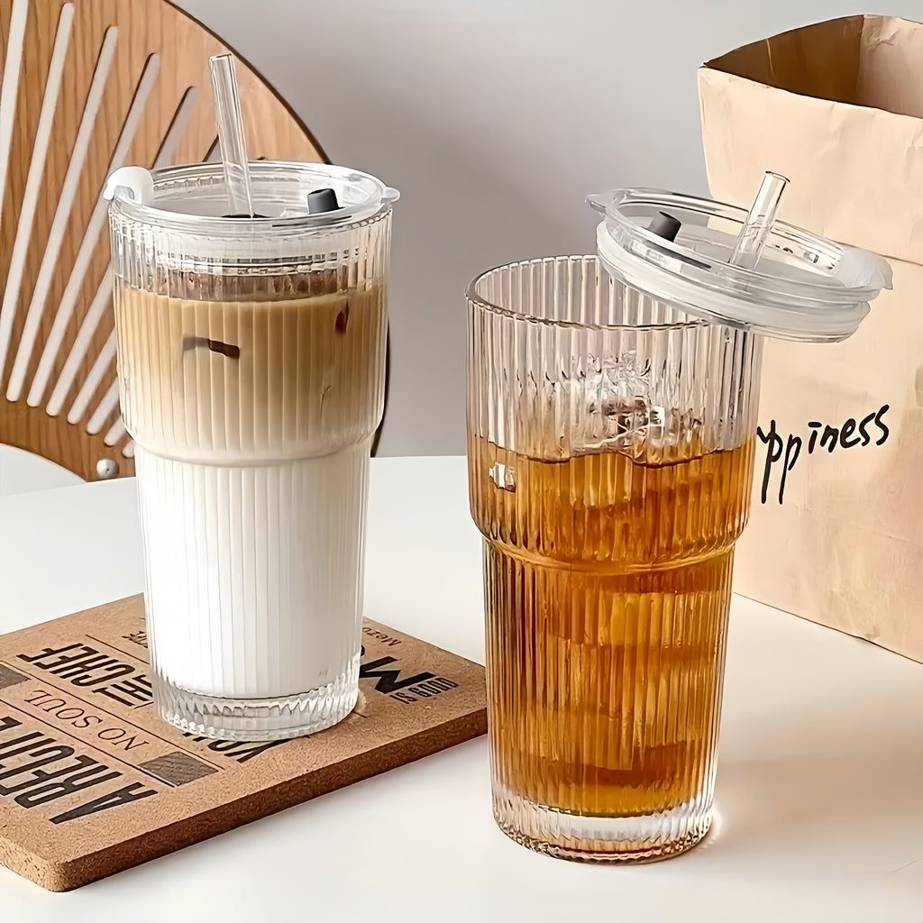 2 Ribbed Glass Cups with Plastic Lid And Straw+straw Brush, Perfect for Iced Coffee, Juice, Smoothie Cocktails, Etc., Suitable for Home, Office, Party Supplies, 20oz