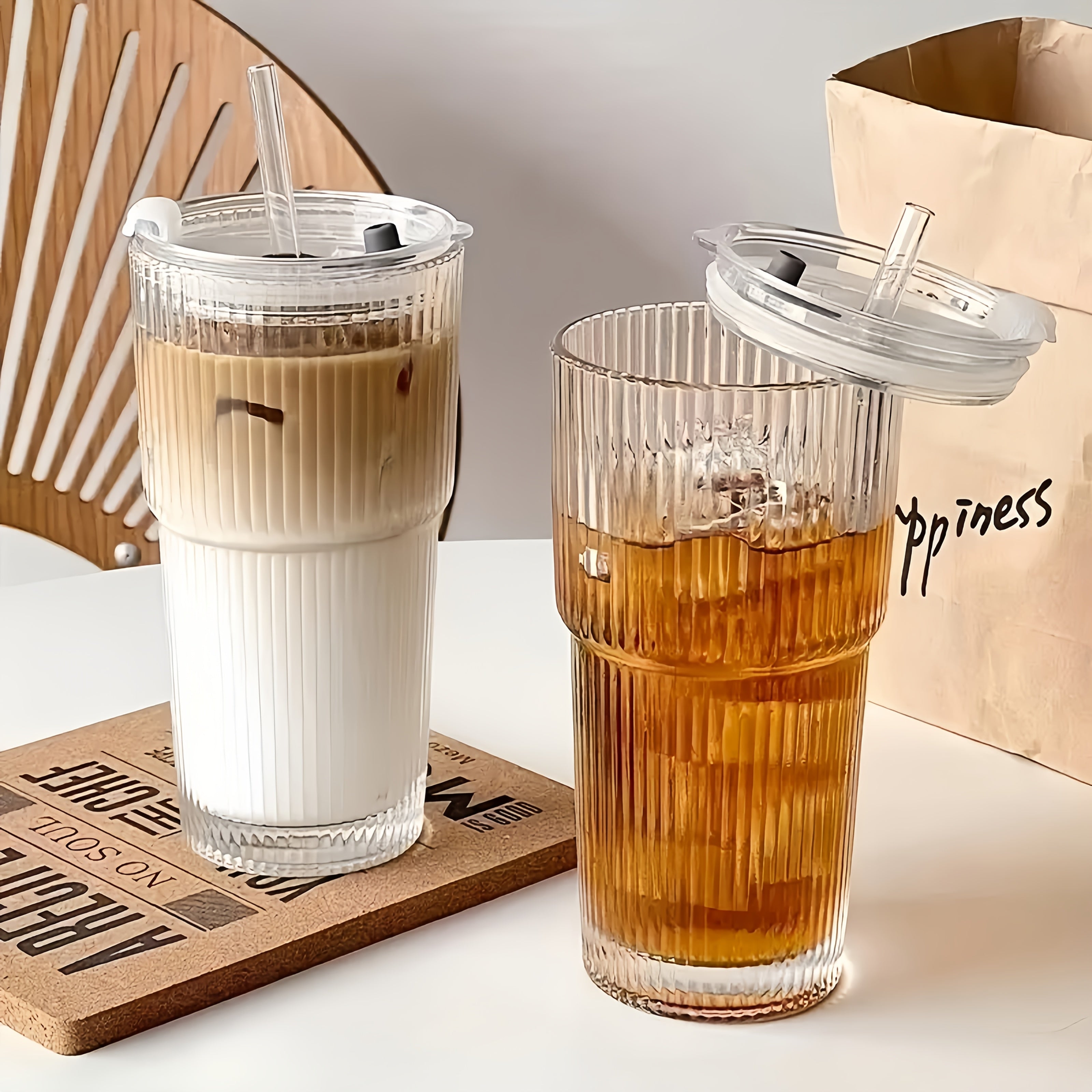2 Ribbed Glass Cups with Plastic Lid And Straw+straw Brush, Perfect for Iced Coffee, Juice, Smoothie Cocktails, Etc., Suitable for Home, Office, Party Supplies, 20oz