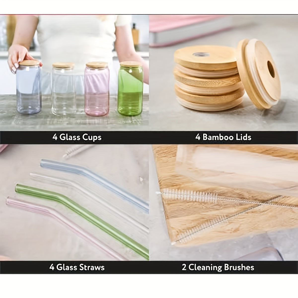 4pcs Glass with Lid & Straw - Bamboo Lid Straw Drink Cup-High Value Coffee Cup Household Glass-Explosion-proof with Lid-Strong and Durable Reusable-Christmas Gift