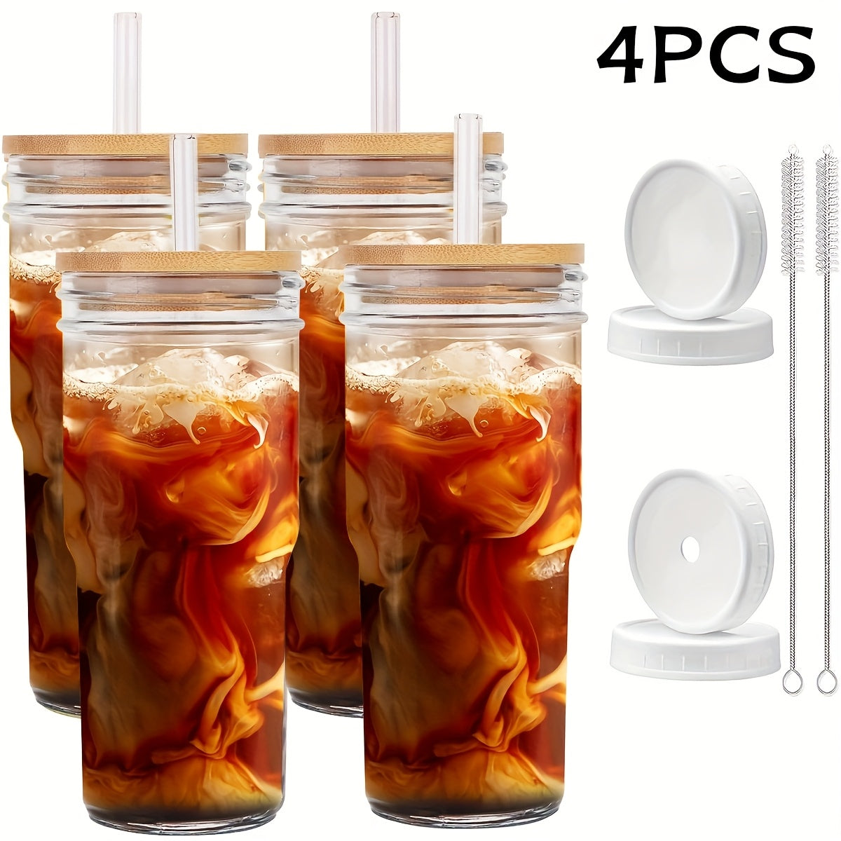 Glass Cups With Lids And Straws, 24 Oz Travel Coffee Mug Wide Mouth Mason Jar Iced Coffee Cup Smoothie Cup Glass Tumbler Tea Cup Clear Cups Cute Water Cups Drinking Glasses 2/4Packs