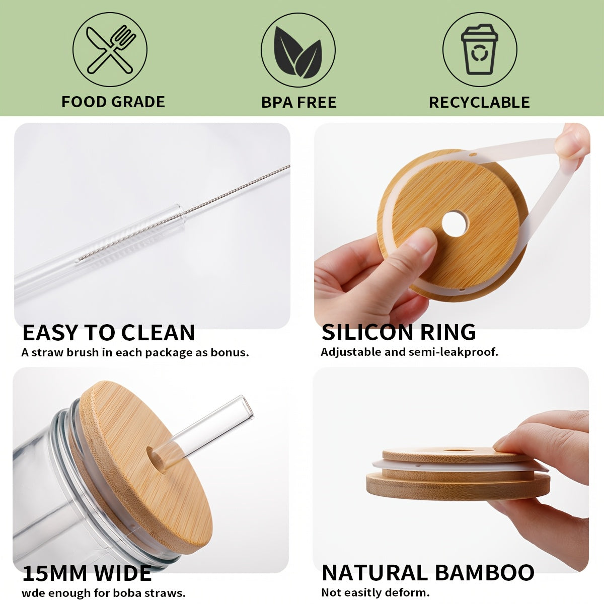 4pcs Glass With Bamboo Lid & Straw & 2 Sealed Lids - Reusable, Iced Coffee Cup, Travel Mug, Holiday Gifts
