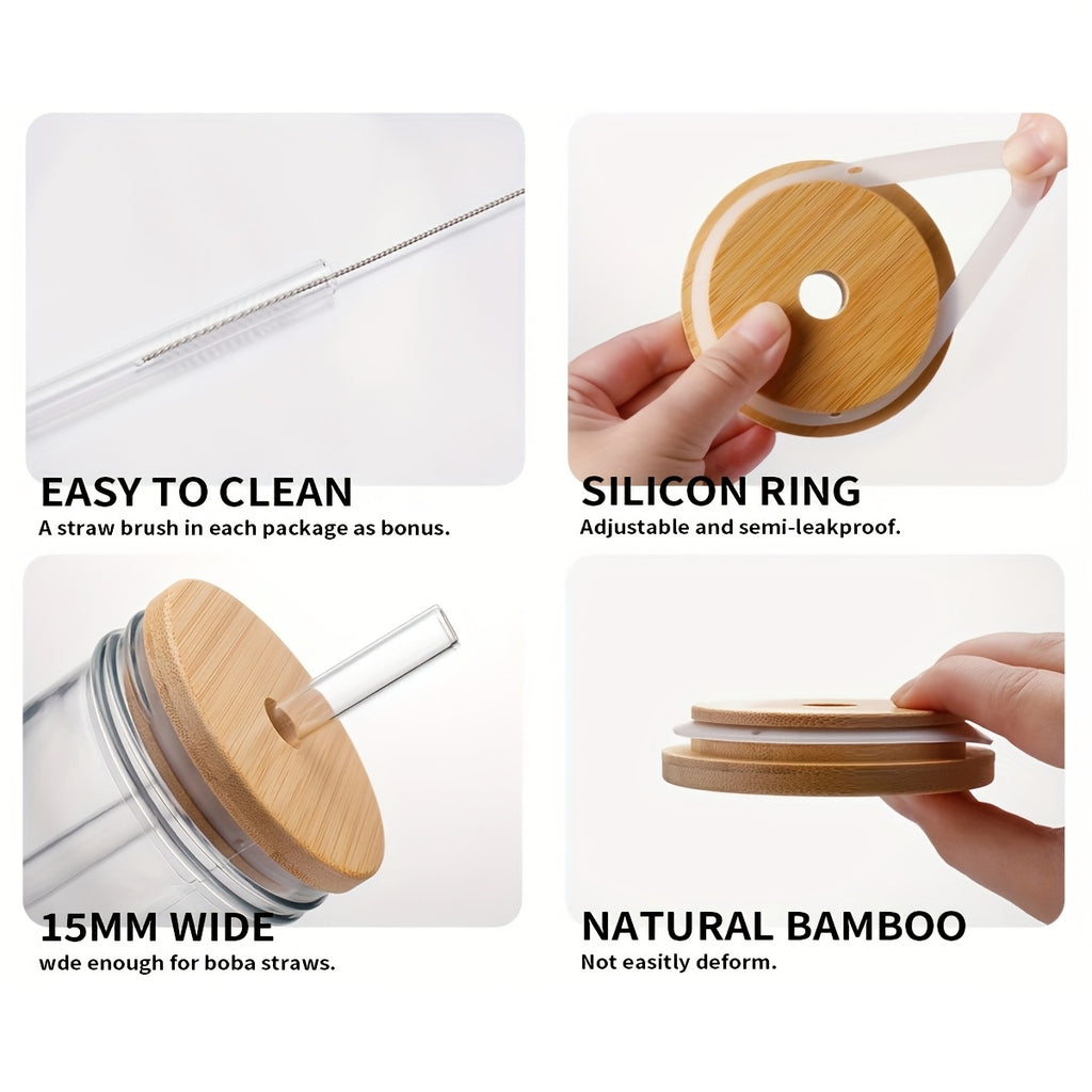 4pcs Lidded Glasses with Wooden And Sealed Lids, Smoothie Glasses with Straws - Boba Mason Jar, Wide Mouth Reusable Drinking Cups, Iced Coffee Mugs, Kitchen Drinkware, Water Bottles.