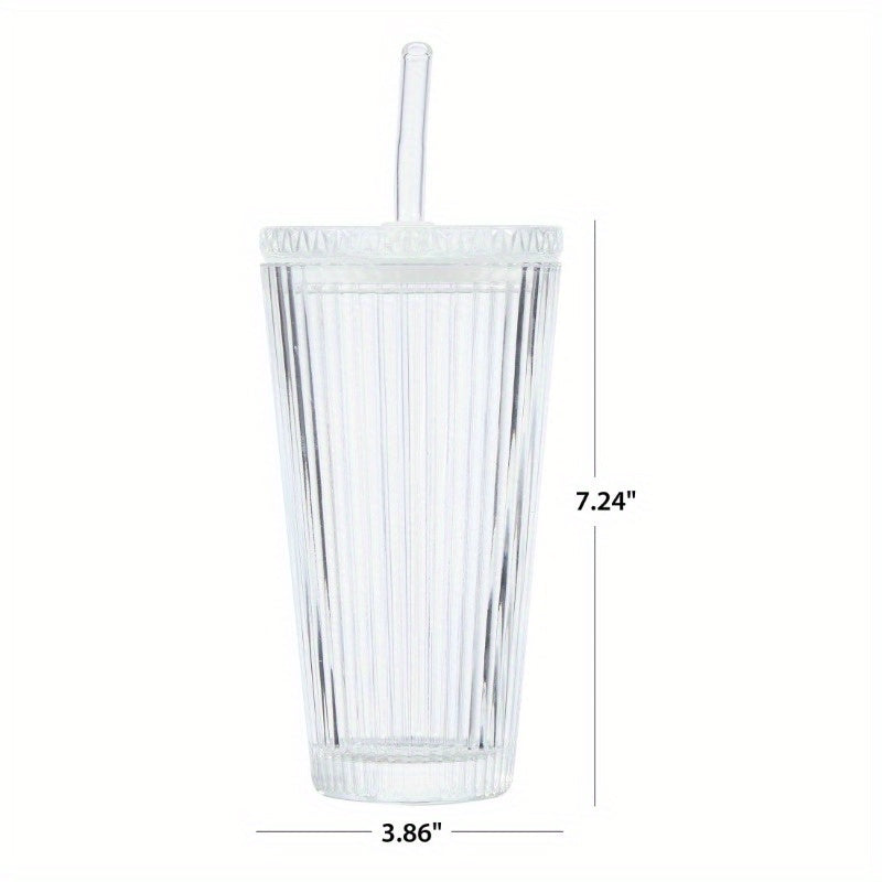 2pcs Ribbed 21oz Glass Tumblers with Lids & Straws - Clear, Reusable, Hand Wash Only, Perfect for Iced Beverages, Beverage Serving | Ribbed Glassware | Durable Glass