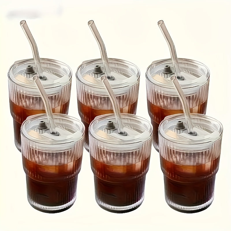 6pcs Ribbed Glassware, Glass Cups with Lids And Straws, Dishwasher Safety, Coffee Cups with Lids And Straw Sets, Reusable Iced Coffee Cups for Iced Tea, Juice, Water, Milk Tea, Milkshakes