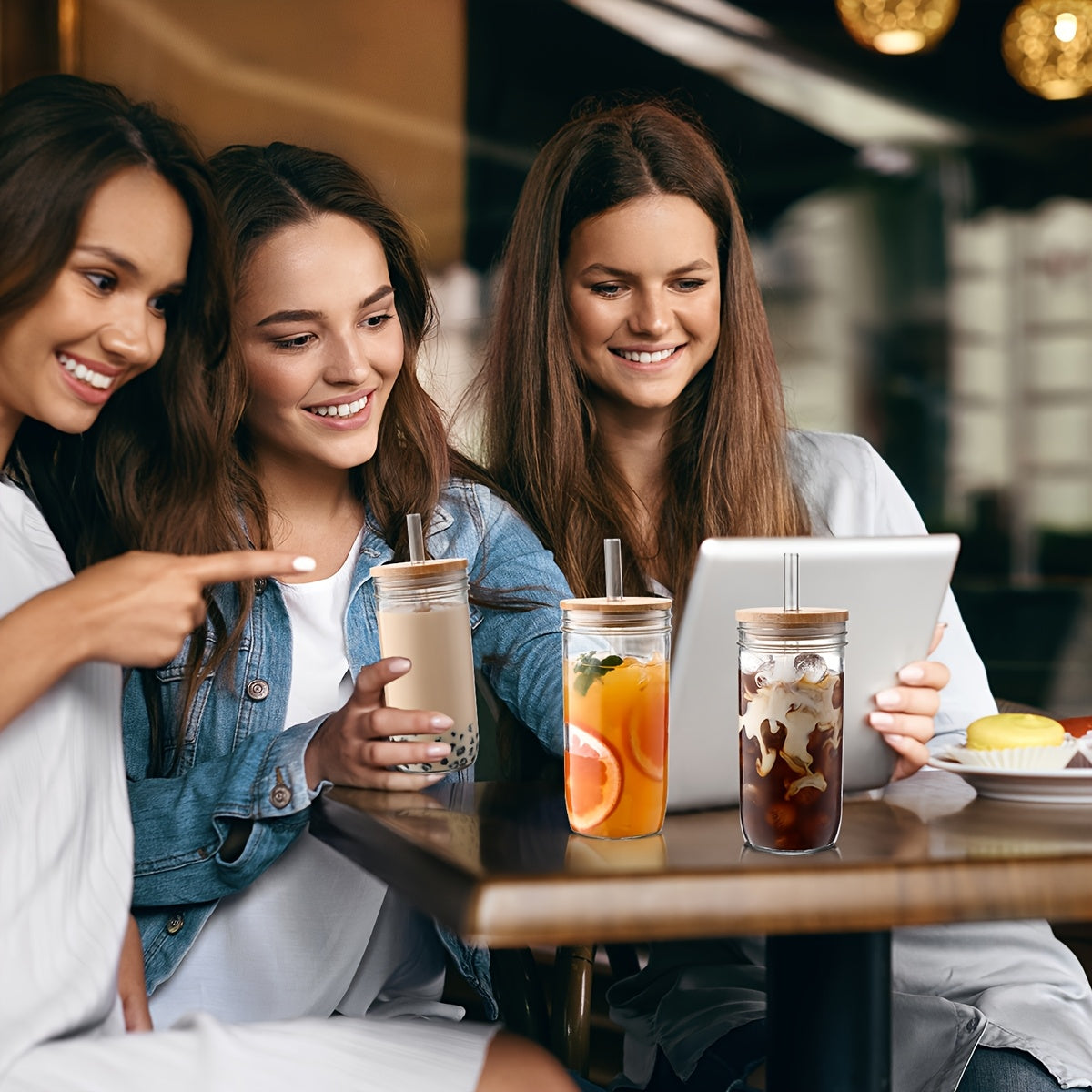 Mother's Day Gift for Mom, Glasses, (4 Cups + 4 Lids + 4 Straws) with Lids And Straws, 24oz Smoothie Glasses, Wide Mouth Reusable Mugs, Ice Mug Glasses