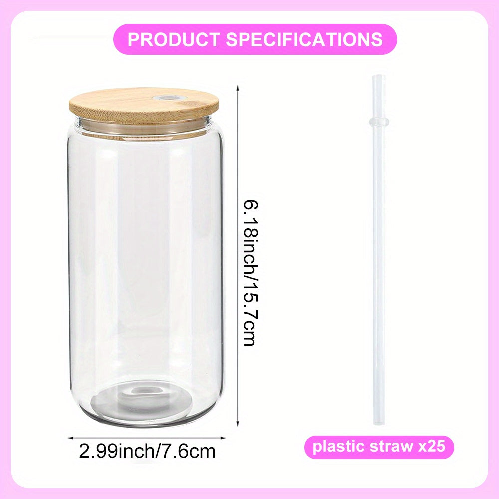 50/25/12/8 Pack 16Oz Clear Or Frosted Sublimation Glass Cans With Bamboo Lid, Transparent Glass Tumblers With Plastic Straw, Sublimation Glass Cups With Bamboo Lids, With Individually Boxed, Ideal For Diy Gifts&Halloween, Christmas, For Juicing Coffee