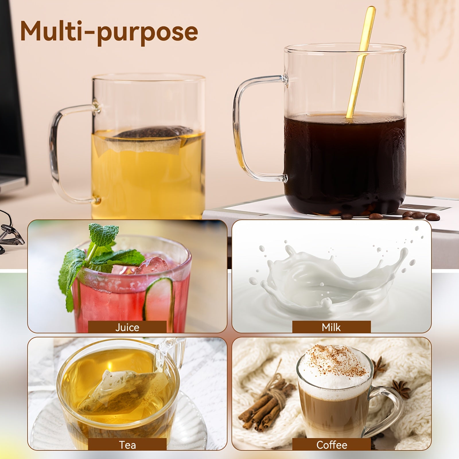 Large Glass Coffee Mug with Lids, 20oz Coffee Mugs, Clear Coffee Cups with Walnut Wood Lids, Glass Mugs with Handles, Oversized Coffee Mug Set Of 2 with 2 Spoons, Suitable for Tea, Milk, Juice, And Coffee