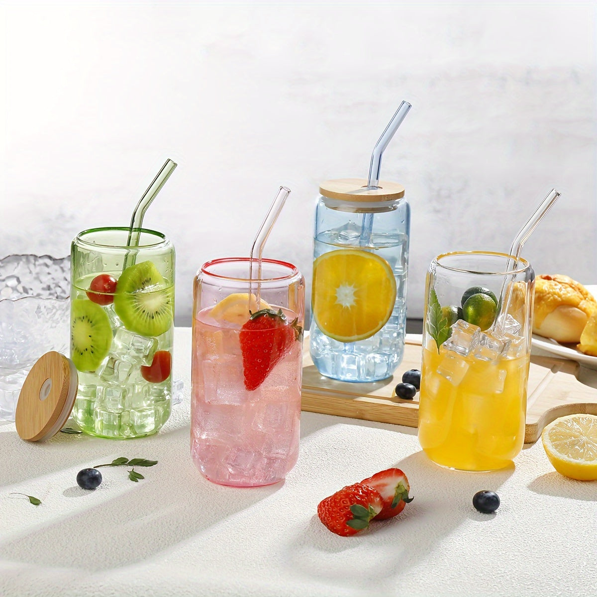 4pcs Glass with Lid & Straw - Bamboo Lid Straw Drink Cup-High Value Coffee Cup Household Glass-Explosion-proof with Lid-Strong and Durable Reusable-Christmas Gift
