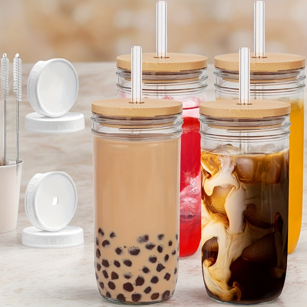 4pcs Glass With Bamboo Lid & Straw & 2 Sealed Lids - Reusable, Iced Coffee Cup, Travel Mug, Holiday Gifts