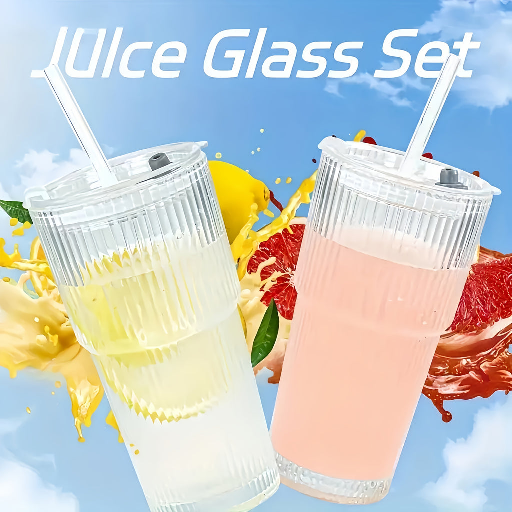 2 Ribbed Glass Cups with Plastic Lid And Straw+straw Brush, Perfect for Iced Coffee, Juice, Smoothie Cocktails, Etc., Suitable for Home, Office, Party Supplies, 20oz