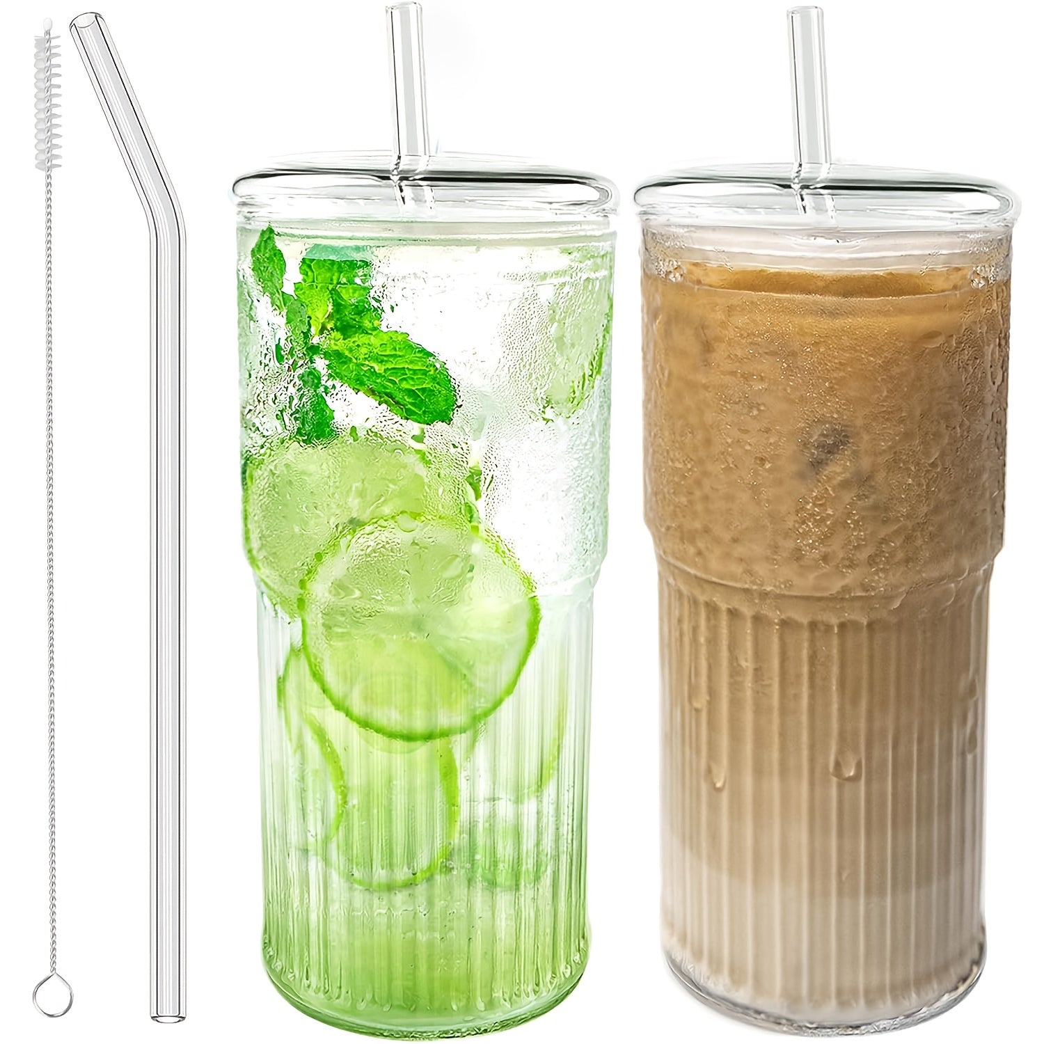 20oz - Set Of 2 Glass Cups with Lids And Straws, Pink/clear Glass Water Cups, for Iced Juice, Tea, Milk, Smoothies, And Cold Or Hot Drinks. Glass Iced Tea Cups.