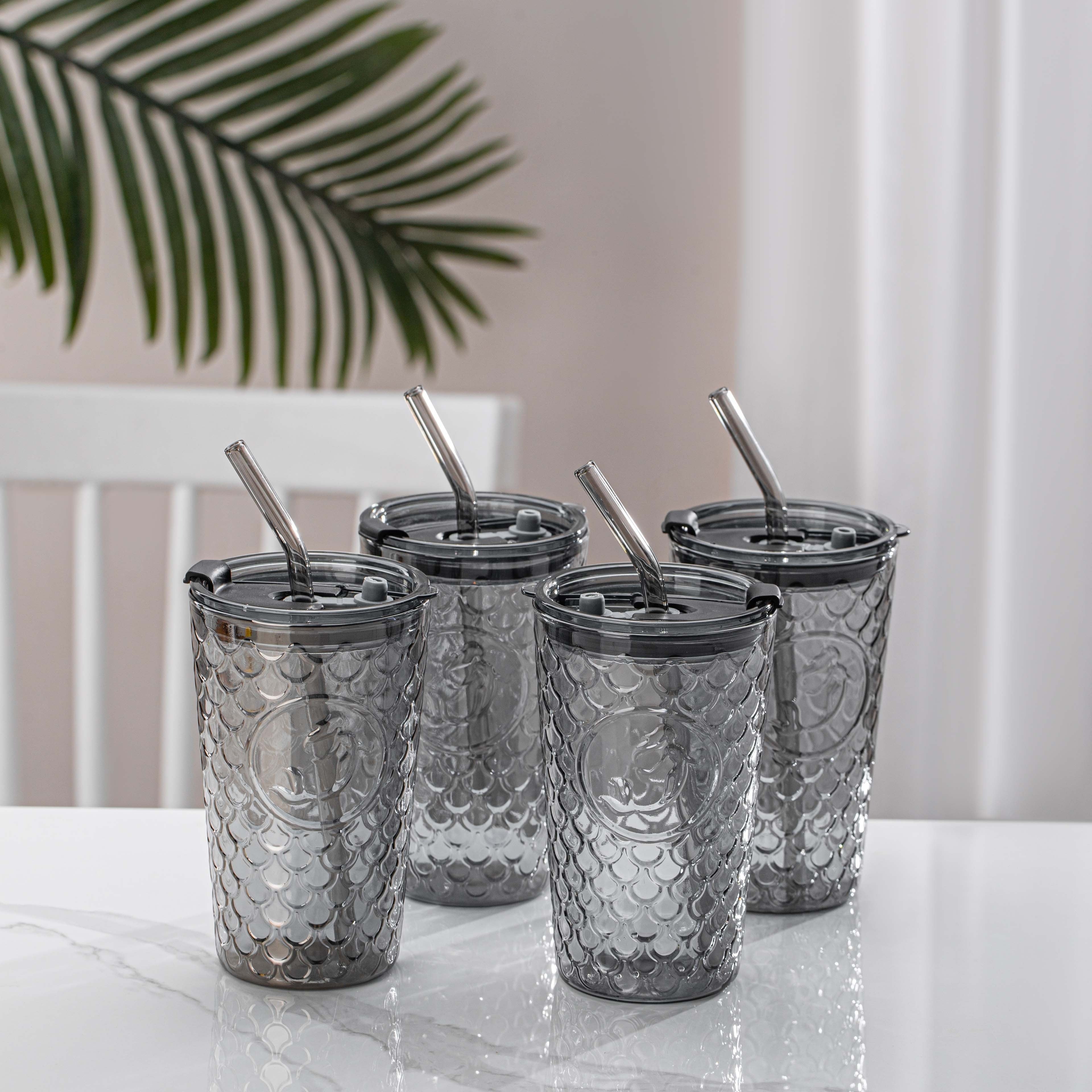 2pcs/4pcs High Boron Silicon Glass Tumblers with Lids and Stainless Steel Straws, Spill-Proof, Leak-Proof, Heat-Resistant, Ideal for Iced Coffee, with Reusable Drinkware for Travel, Office & Home