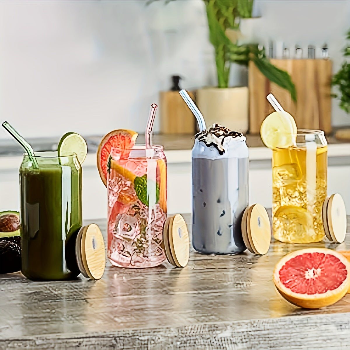 4pcs Glass Cups with Lid and Straw, Rich Colors and Various Styles, Milk Tea Cup, Drink Cup, Iced Coffee Cup, Glass Coffee Cup with Bamboo Lid