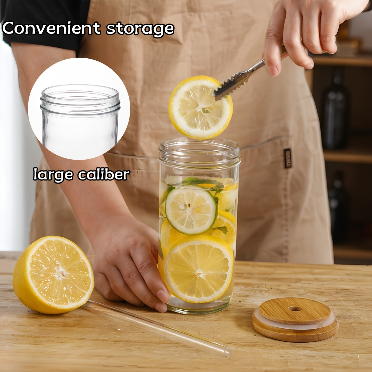 4pcs Thickened Glass, 24oz Drinking Set - Glass with Wooden Lid, Wide Mouth Mason Cup, Drinkware Set, Iced Coffee Cup, Boba Cup, Free White Sealed Lid