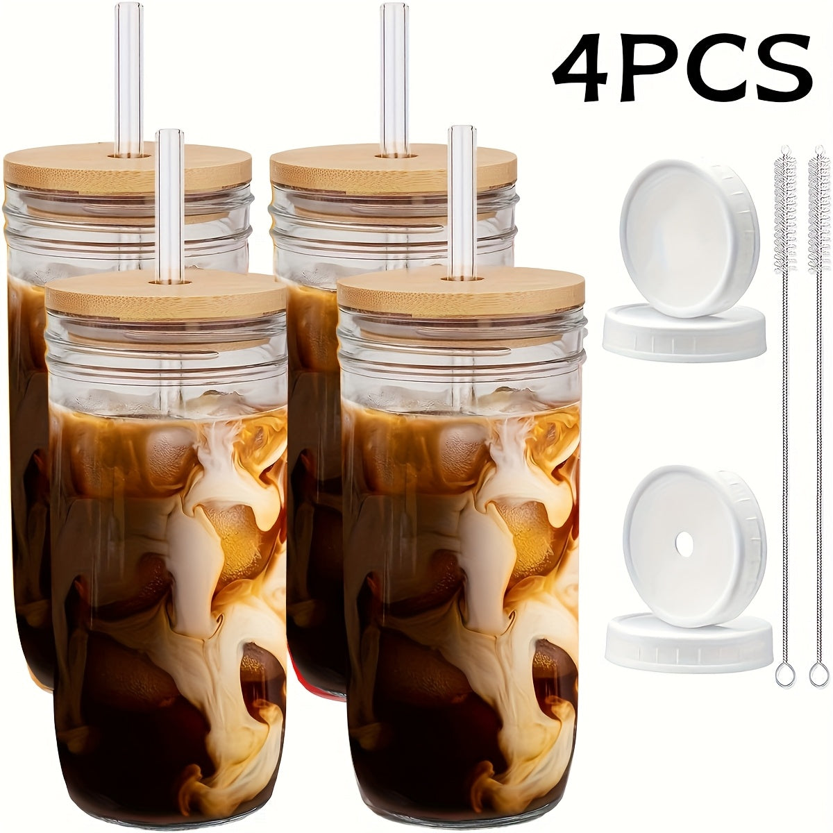 Glass Cups With Lids And Straws, 24 Oz Travel Coffee Mug Wide Mouth Mason Jar Iced Coffee Cup Smoothie Cup Glass Tumbler Tea Cup Clear Cups Cute Water Cups Drinking Glasses 2/4Packs