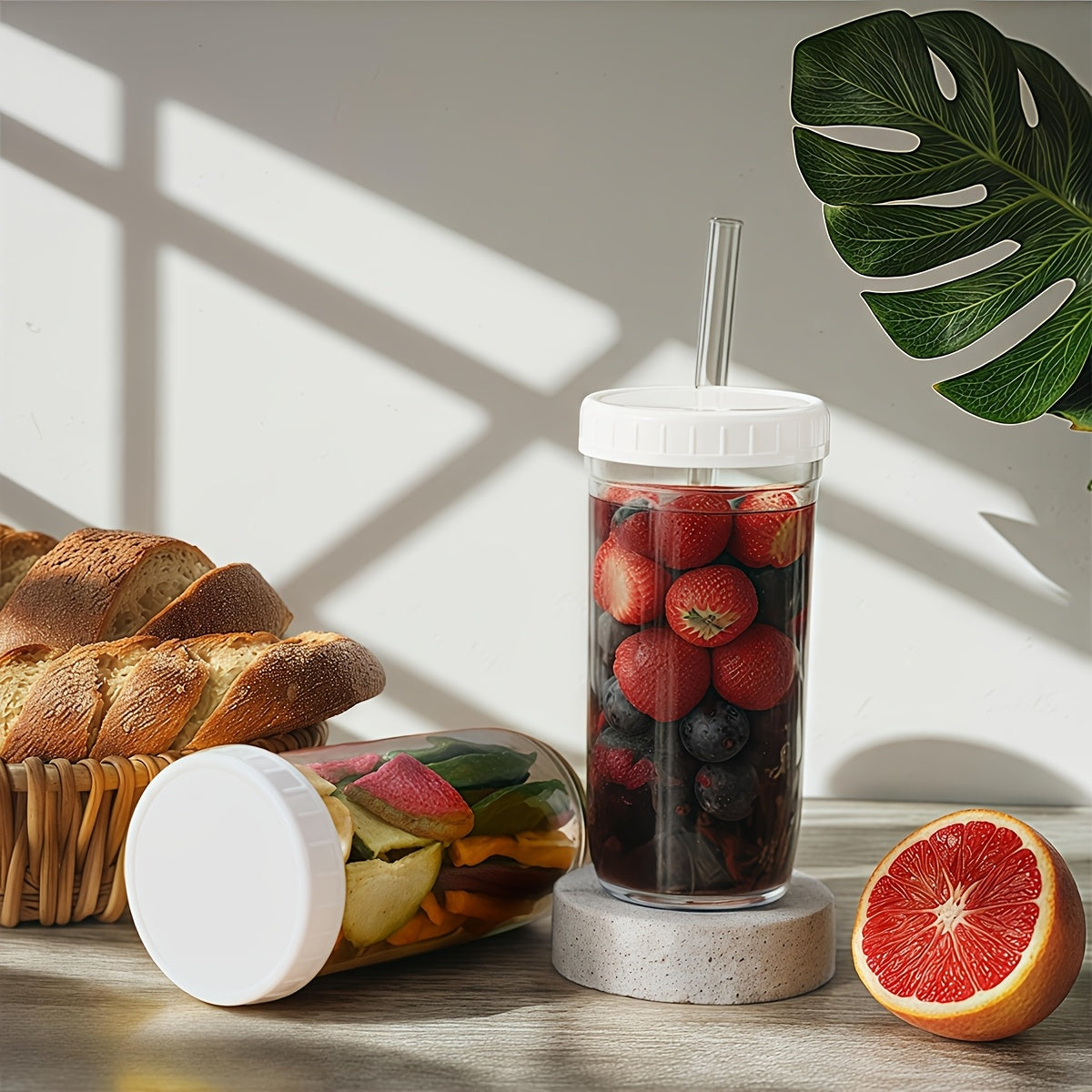 4pcs Glass Smoothie Glasses, 24 Oz Mug Set With Lid And Straw, Reusable Drinking Glasses, Iced Coffee Mugs, Boba Mugs, 4-Pack Mason Jar Mugs