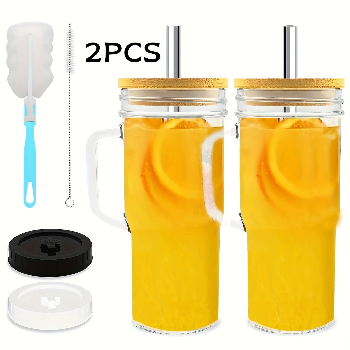 Glass Cups With Lids And Straws, 24 Oz Travel Coffee Mug Wide Mouth Mason Jar Iced Coffee Cup Smoothie Cup Glass Tumbler Tea Cup Clear Cups Cute Water Cups Drinking Glasses 2/4Packs