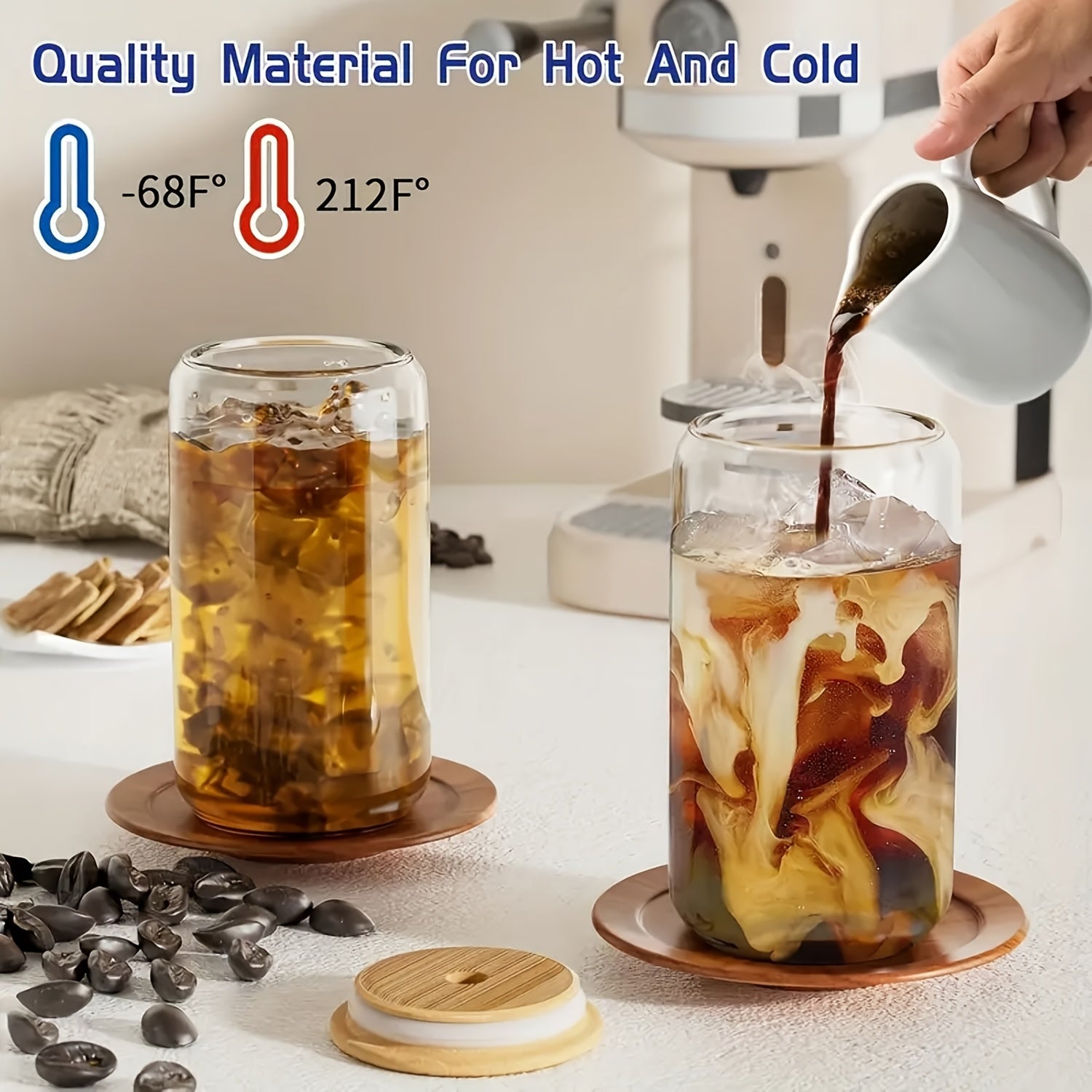 12, Glass Cups, 17.8oz/550ml Glass Cup with Lid And Straw, Mason Jar Drinking Cup, Iced Coffee Cup, Glass Cup with Bamboo Lid, Cute Cup, Reusable Straw, Suitable for Family Gatherings for business